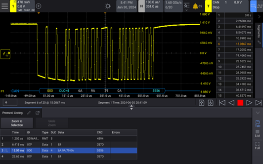 Keysight HD3 Segmented Memory Acquisition with Frame Decoding in a Lister Display